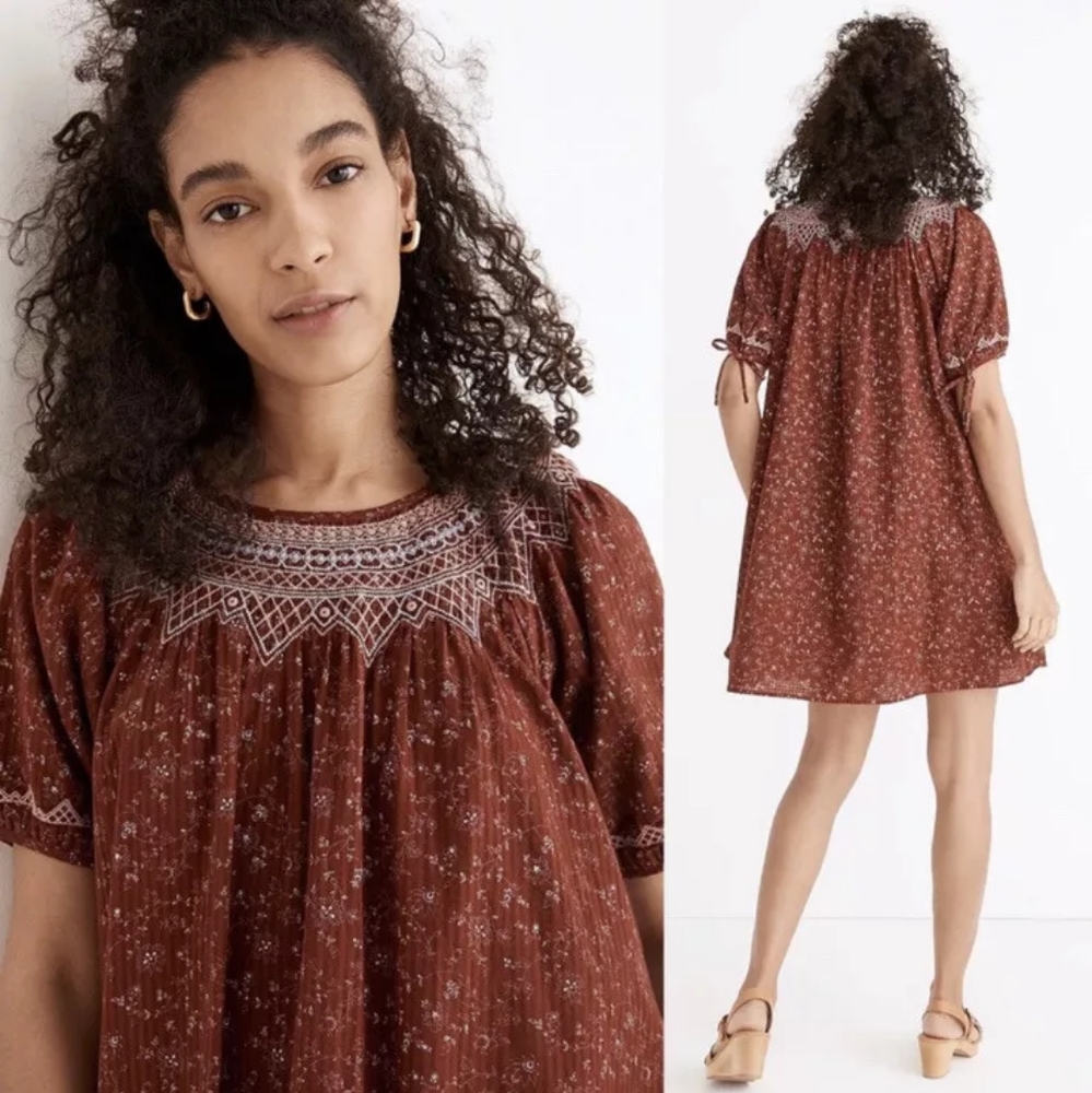 Madewell Embroidered Puff-Sleeve Babydoll Dress in Dotted Vines XS